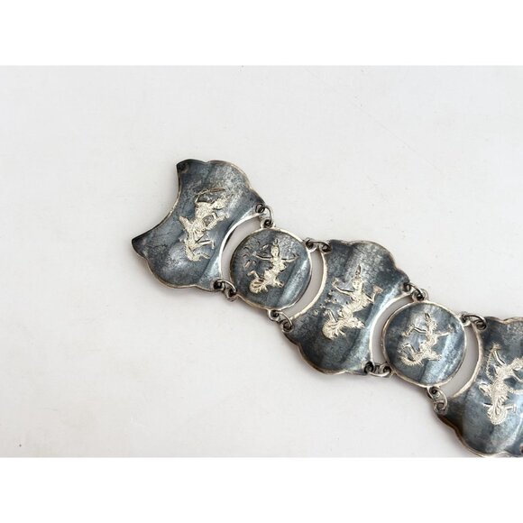 Rare Siam Sterling Silver Chainlink Paneled 30's 925 Vintage Chunky Bracelet - Picture 3 of 15